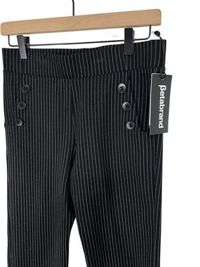 Betabrand Dress Yoga Pant Women S Petite Black Pinstripe Sailor Button Flare NWT